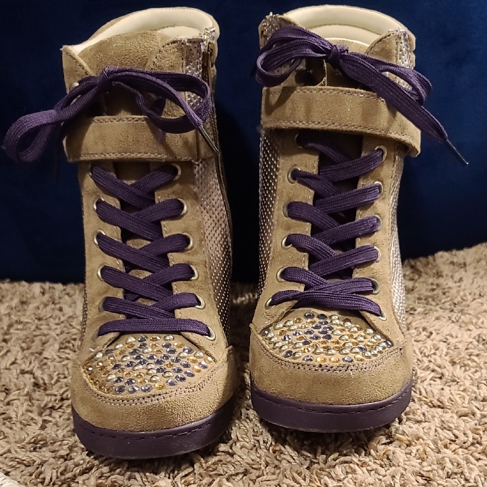 Vera Wang Tan and Purple High-Top Sneakers with Leopard Print